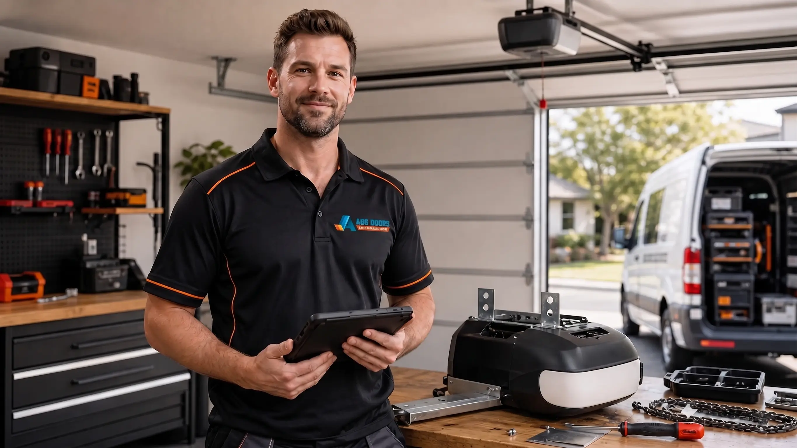 Technician servicing a Merlin-style garage door opener